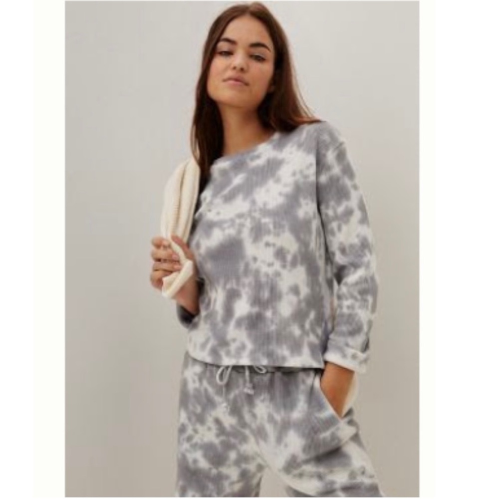 Anthropologie Matching Set Saturday Sunday Waffle Tie Dye Blue Grey White XS
